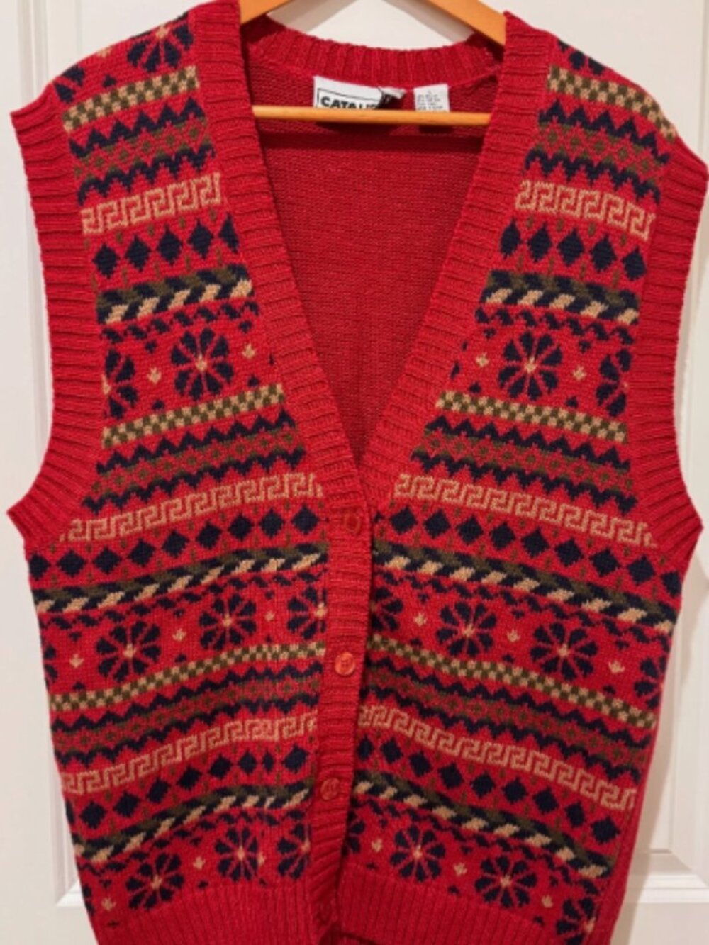 Vintage Catalina Cardigan Sweater Vest Womens Large Multicolor Red Button